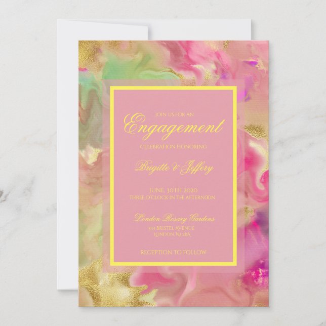 Engagement pink, gold, & green save the date (Front)