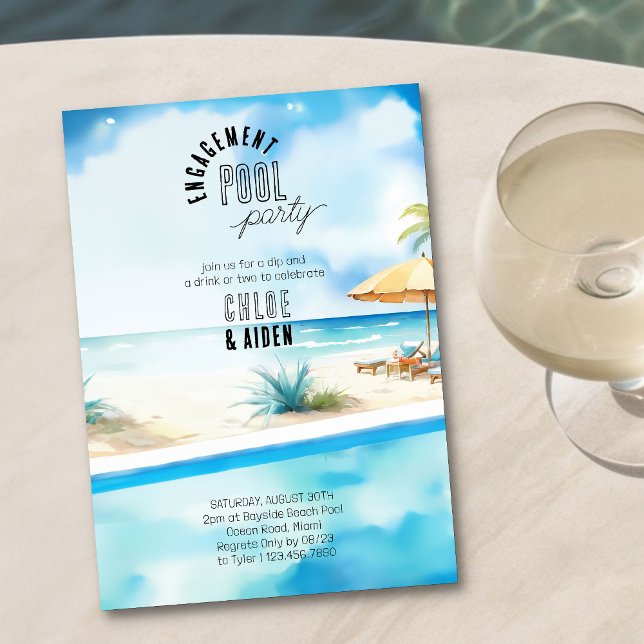Engagement Pool Party Watercolor Beach Invitation (Pool Party Invitation with watercolor beach view - easy to customize for engagement, anniversary etc)