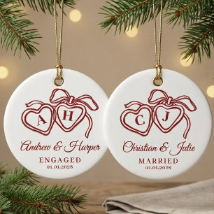 Engagement Red Custom Monogram Wedding Newlyweds Ceramic Tree Decoration