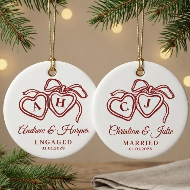 Engagement | Red Custom Monogram Wedding Newlyweds Ceramic Tree Decoration (newlywed gift, bride and groom gift, engagement gift, future spouse gift, boyfriend girlfriend gift)