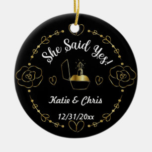 engagement ring Christmas, Personalized name, date Ceramic Tree Decoration
