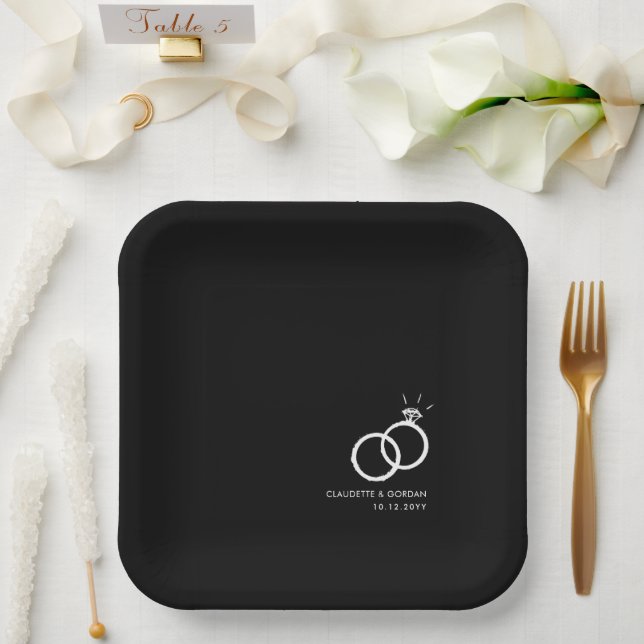 Engagement Rings | Engagement Party Black Paper Plate (Wedding)
