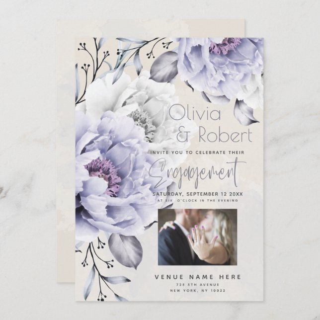 ENGAGEMENT | Rustic Lilac and Alabaster Peony Flor Invitation (Front/Back)
