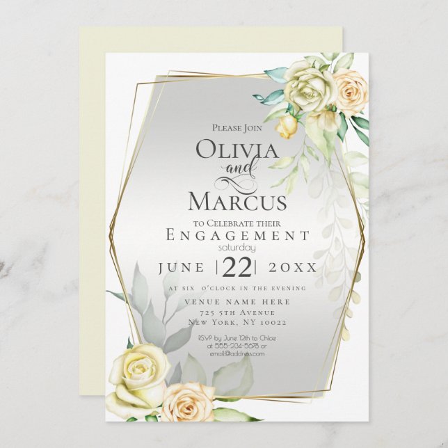 ENGAGEMENT | Watercolor Ivory Yellow Blush Roses Invitation (Front/Back)