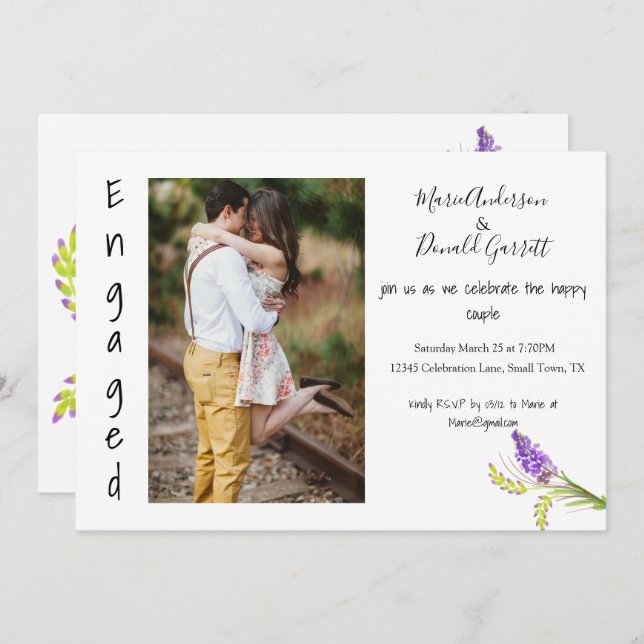 Engagement Watercolor Lavender and Green Floral Announcement (Front/Back)