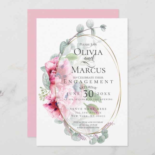 ENGAGEMENT | Watercolor Pink Poppies Eucalyptus Invitation (Front/Back)