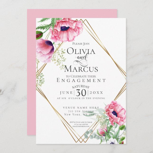 Engagement Watercolour Pink Poppies Invitation (Front/Back)