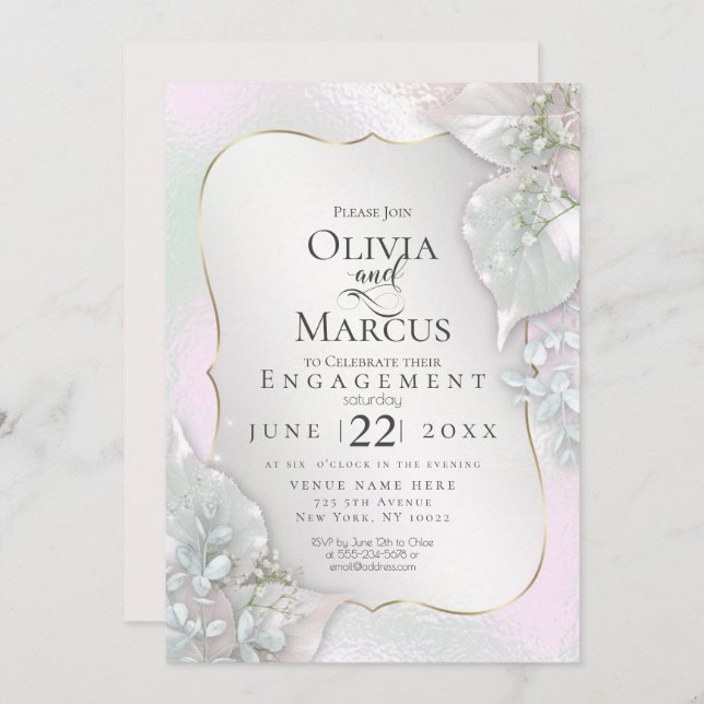 ENGAGEMENT | Wispy Pink Shimmery Leaves Invitation (Front/Back)