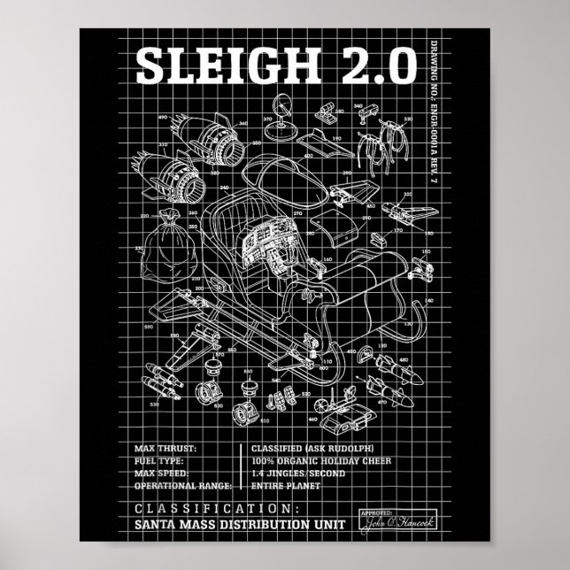 Engineer Christmas Funny Santa Rocket Sleigh Bluep Poster (Front)