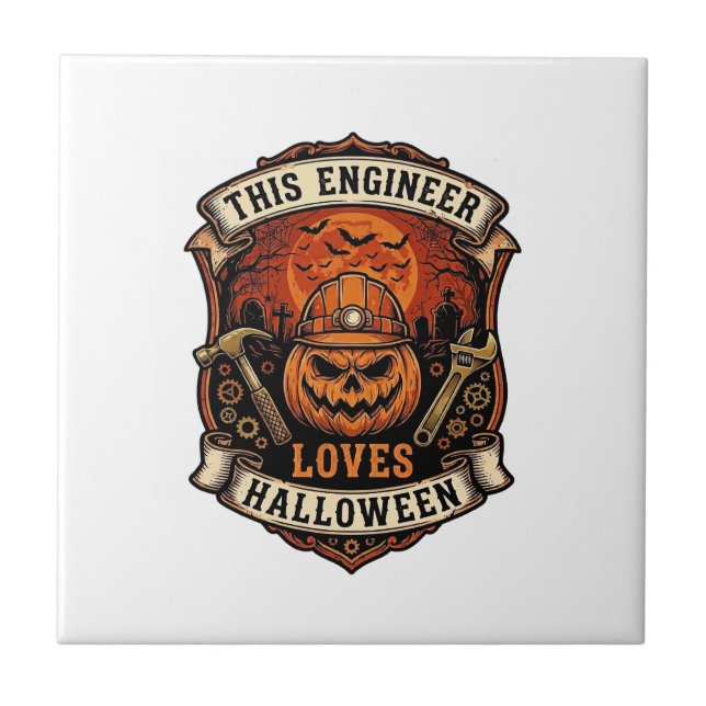 Engineer Loves Halloween Pumpkin Hard Hat Hammer W Tile (Front)