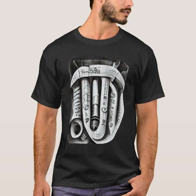 Engineering Complex Mechanical Machine Pencil Sket T-Shirt (Front)