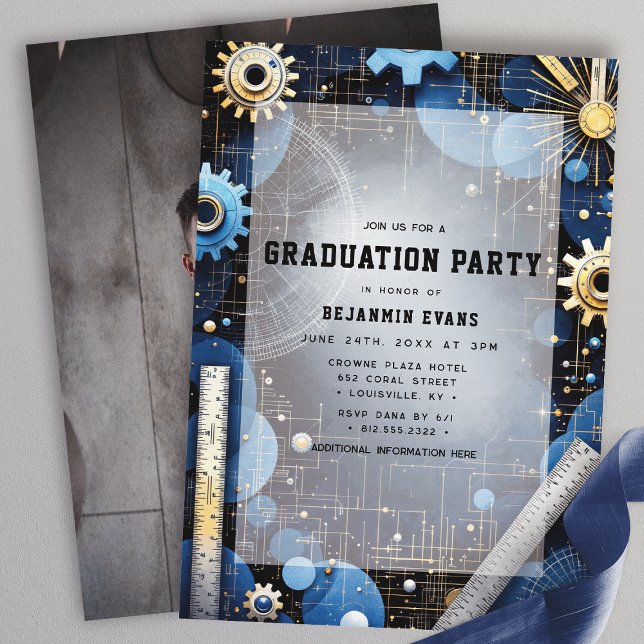 Engineering Graduation Gears Blueprint Photo Invitation (Creator Uploaded)