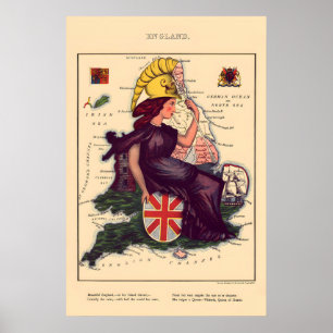 England Comical Map Vintage Lithograph860s Poster