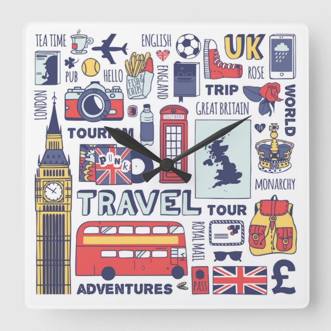 England Travel Doodles Square Wall Clock (Front)