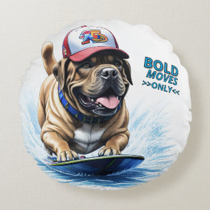 Englische Dogge Mastiff auf Surfbrett Round Cushion