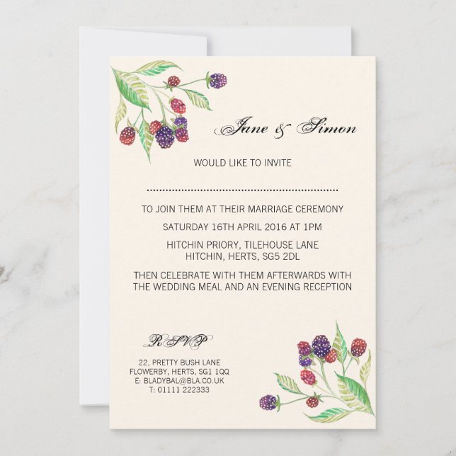 English Blackberries Botanical Wedding Invitation (Front)