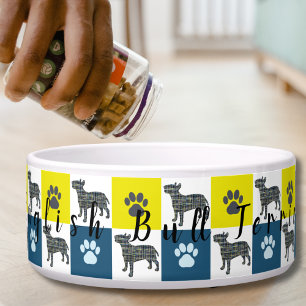 English Bull Terrier Dog & Paw Yellow & Blue Grid