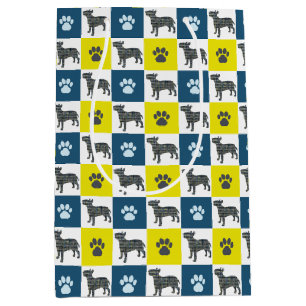 English Bull Terrier Dog & Paw Yellow & Blue Grid Medium Gift Bag