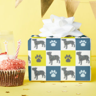 English Bull Terrier Dog & Paw Yellow & Blue Grid Wrapping Paper