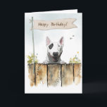 English Bull Terrier Dog Under Birthday Sign Card<br><div class="desc">With its unmistakable profile and playful stance,  the English Bull Terrier steals the spotlight on this birthday card. The soft outdoor watercolor setting balances the breed’s quirky charm,  making it perfect for someone who’s full of fun and one-of-a-kind energy.</div>