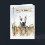 English Bull Terrier Dog Under Birthday Sign Card<br><div class="desc">With its unmistakable profile and playful stance,  the English Bull Terrier steals the spotlight on this birthday card. The soft outdoor watercolor setting balances the breed’s quirky charm,  making it perfect for someone who’s full of fun and one-of-a-kind energy.</div>
