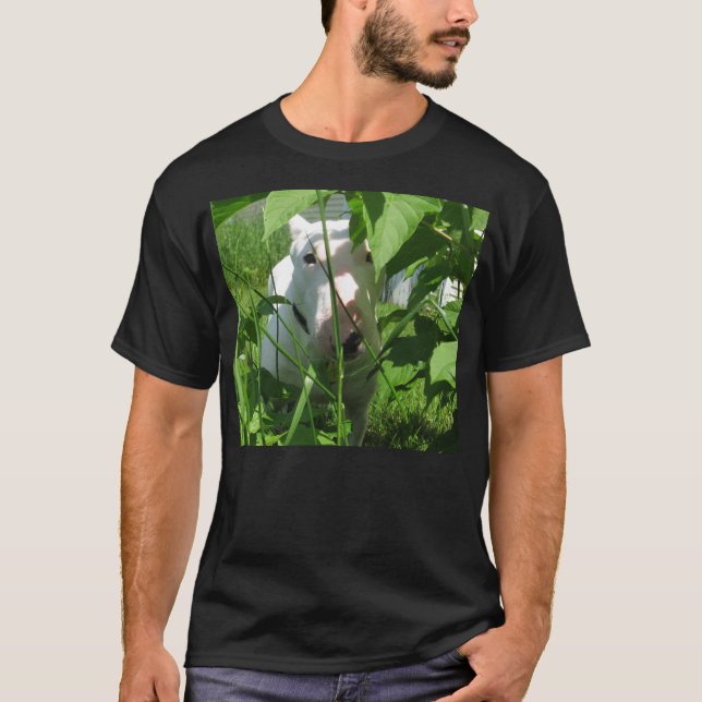 English Bull Terrier Peeking Through the Leaves T-Shirt (Front)