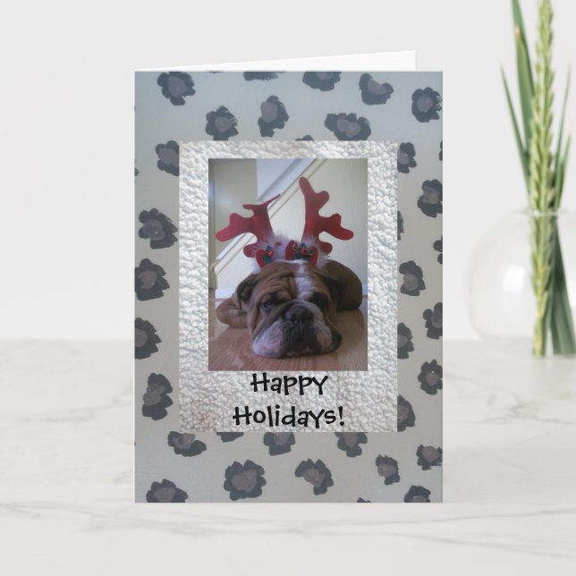 English bulldog as reindeer Happy Holiday card (Front)