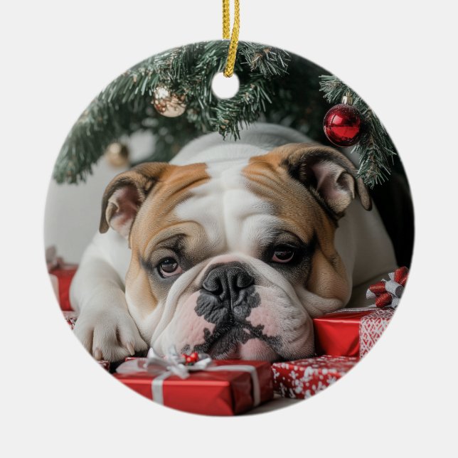 English Bulldog Christmas Ceramic Tree Decoration (Front)