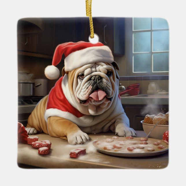 English Bulldog Christmas Cookies Holiday Ceramic Ornament (Front)