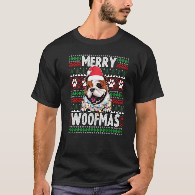 English Bulldog Christmas Lights Dog  Xmas Pajama  T-Shirt (Front)