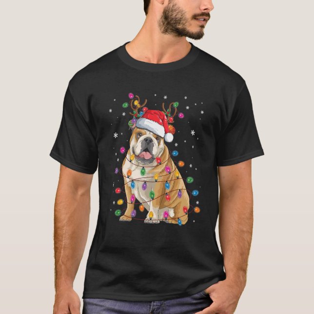 English Bulldog Christmas Reindeer Santa Hat Funny T-Shirt (Front)
