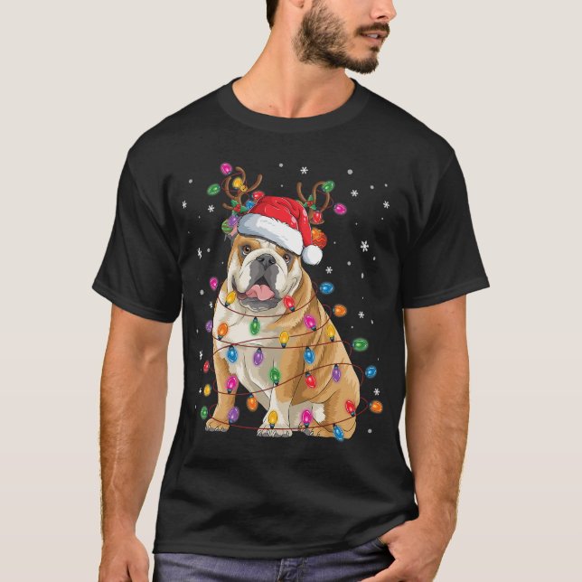 English Bulldog Christmas Reindeer Santa Hat Funny T-Shirt (Front)
