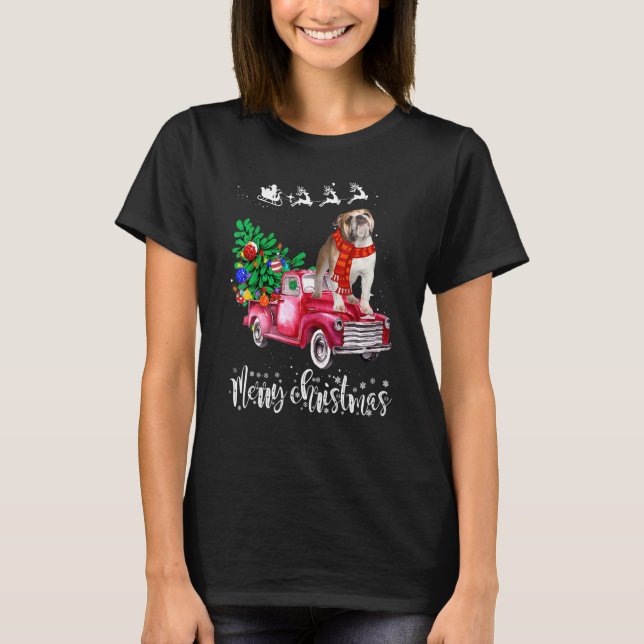 English Bulldog Christmas Ride Red Truck T-Shirt (Front)