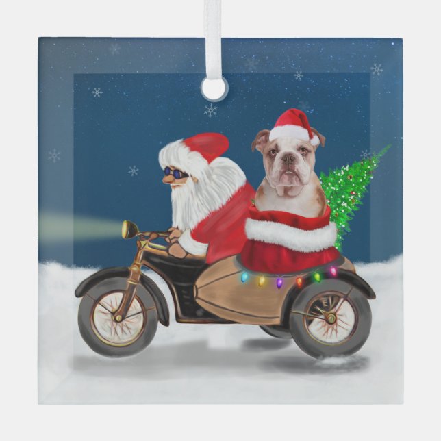 English Bulldog Christmas Santa Claus  Glass Tree Decoration (Front)