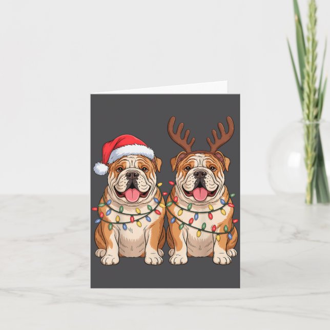 English Bulldog Christmas Santa Hat Reindeer Light Card (Front)