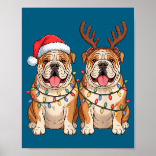 English Bulldog Christmas Santa Hat Reindeer Light Poster