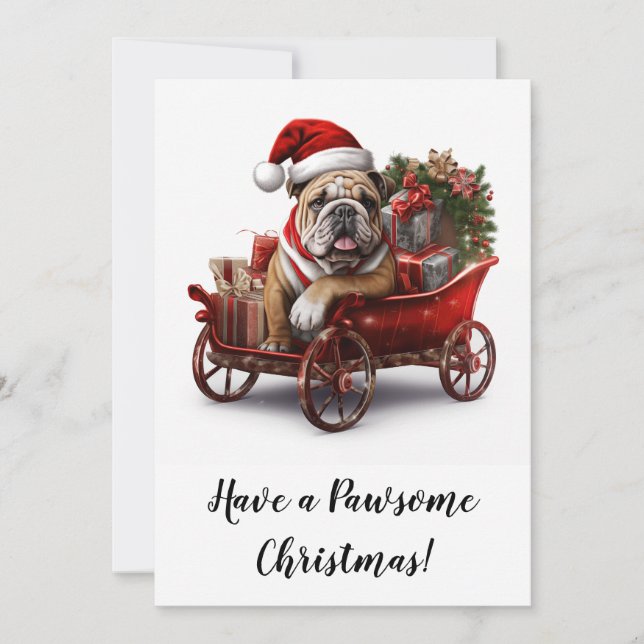 English Bulldog Christmas Santa Sleigh Holiday Card (Front)