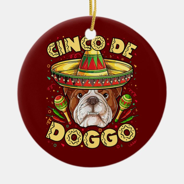 English Bulldog Cinco de Doggo Mayo Mexican Ceramic Tree Decoration (Front)