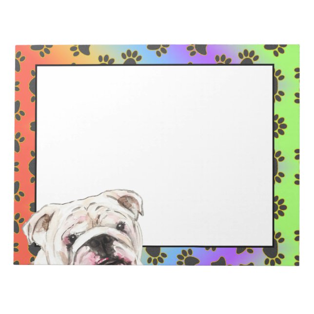 English Bulldog colourful dog paw pattern Notepad (Front)