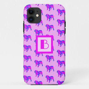 English Bulldog Cute Pink Blue Silhouette Monogram Case-Mate iPhone Case