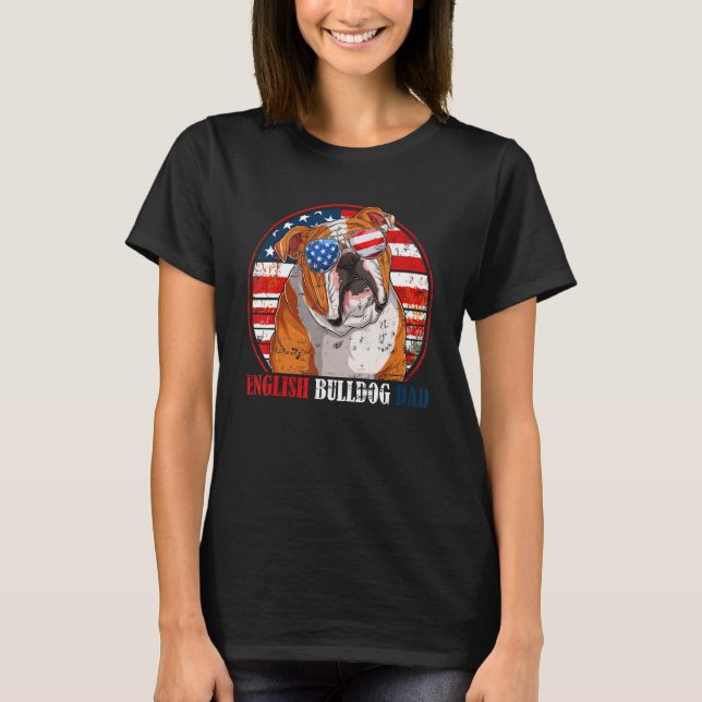 English Bulldog Dad Retro American Flag Patriotic  T-Shirt (Front)