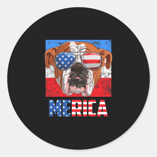 English Bulldog Dog 4th Of July American Flag Meri Classic Round Sticker (Front)
