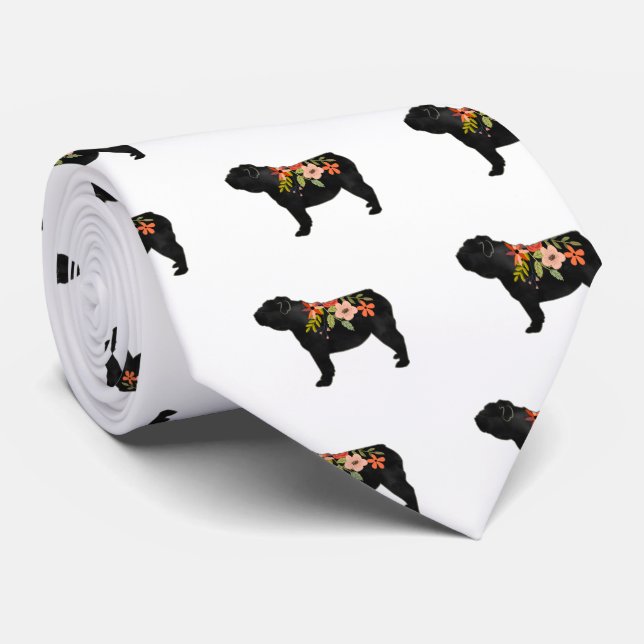 English Bulldog Dog Breed Boho Floral Silhouette Tie (Rolled)