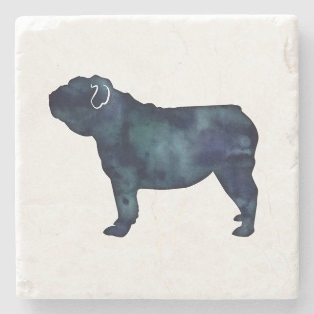 English Bulldog Dog Breed Watercolor Silhouette Stone Coaster (Front)