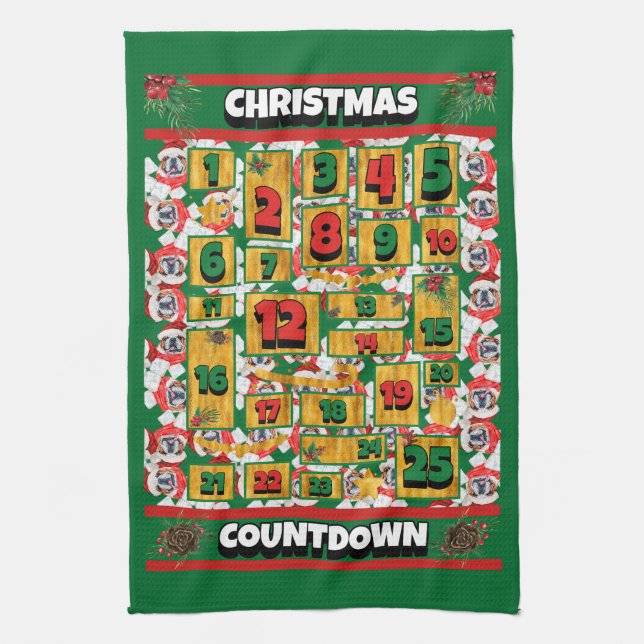 English Bulldog Dog Countdown Christmas Advent Tea Towel (Vertical)