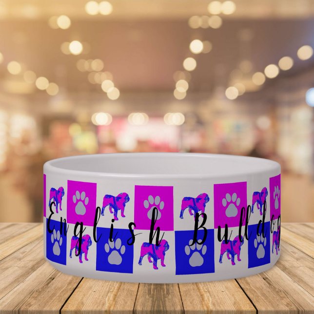 English Bulldog Dog & Paw Hot Pink & Blue Pet Bowl (Creator Uploaded)