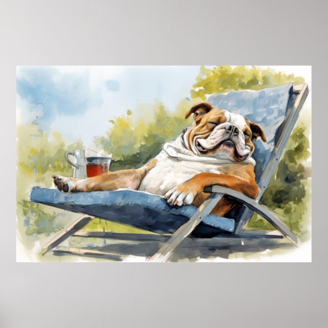 English Bulldog Dog Relaxing In Garden Animal Fun  Poster (Front)
