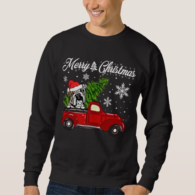 English Bulldog Dog Riding Red Truck Christmas Dec Sweatshirt (Front)