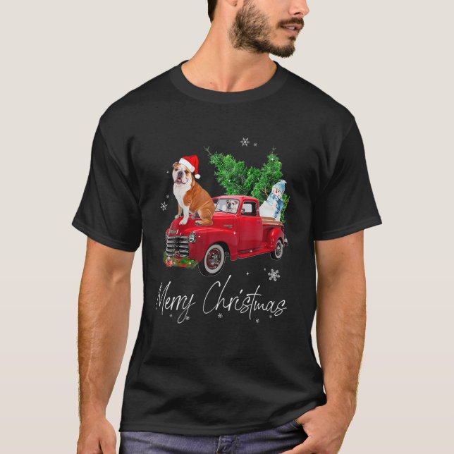 English Bulldog Dog Riding Red Truck Christmas T-Shirt (Front)
