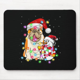 English Bulldog Dog Snowman Santa Hat Lights  Mouse Pad